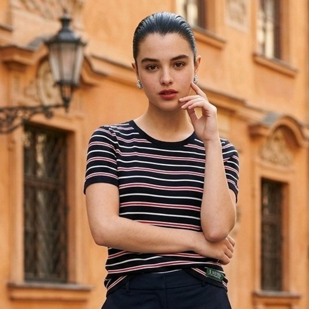 Lauren Ralph Lauren L Striped Short Sleeve Knit Top Black Red White Large